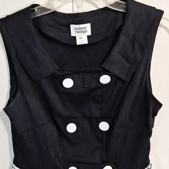 Unique Vintage pinup 50s sleeveless dress double breaste - plaid black/white - M - Picture 4 of 9